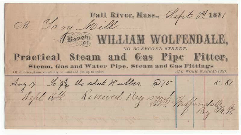 1871 Billhead WILLIAM WOLFENDALE Steam & Gas Pipe Fitter Fall River MA