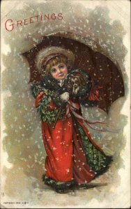 Christmas Children Girl Umbrella Dog Snow c1900s-10s Postcard