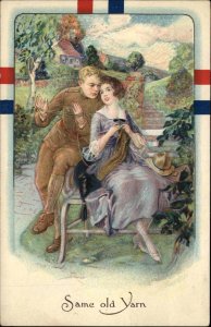 World War I Soldier and Beautiful Woman Knitting Patriotic Vintage Postcard