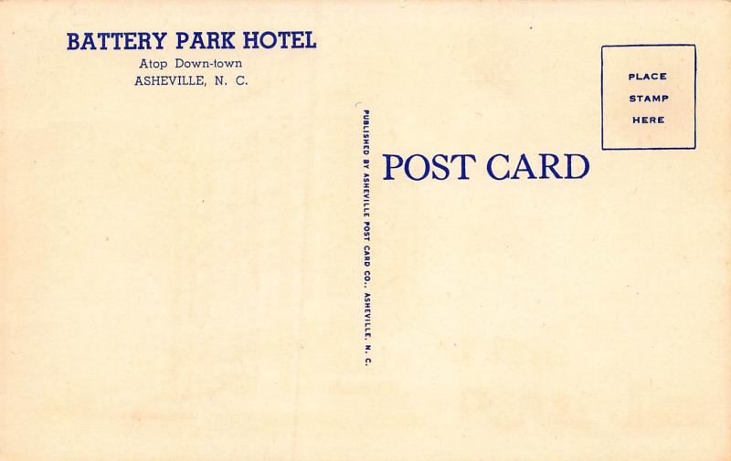 Battery Park Hotel, Asheville, North Carolina, Early Linen Postcard, Unused