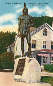 Vintage Postcard Statue Massasoit Protector Of Pilgrims Plymouth Massachusetts