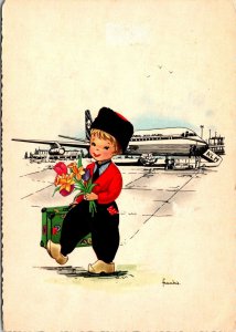 CONTINENTAL SIZE POSTCARD TOY BOY AIRPLANE NETHERLANDS