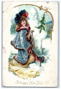 1908 New Year Pretty Girl Big Hat Winter Suit Snowman Tuck's Lavalle WI Postcard