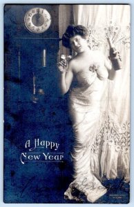 Pre-1907 RPPC HAPPY NEW YEAR VOLUPTUOUS WOMAN CHAMPAGNE CLOCK ROTOGRAPH POSTCARD