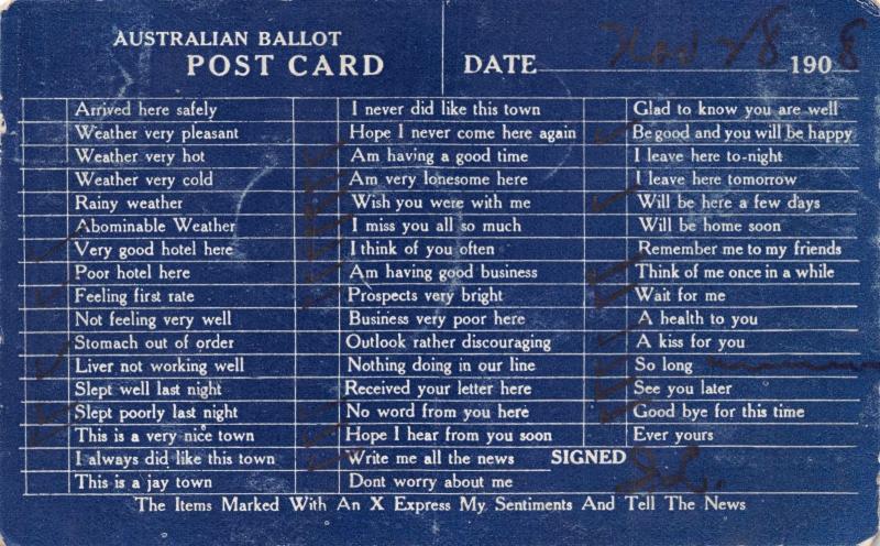 AUSTRALIAN BALLOT~X MARKS EXPRESS MY SENTIMENTS~COMIC POSTCARD 1908