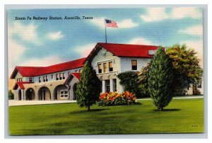 Vintage 1940's Postcard Flag Over Santa Fe Railway Station Amarillo Texas