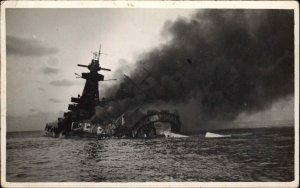 Battleship German Cruiser Ship Graf Spee Sinking WWII c1940 Real Photo Postcard