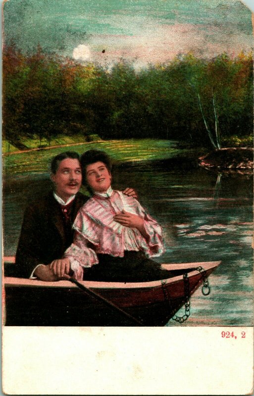 Vtg Carte Postale 1910s Romance Bateau à Rames Bateau Couple Unp