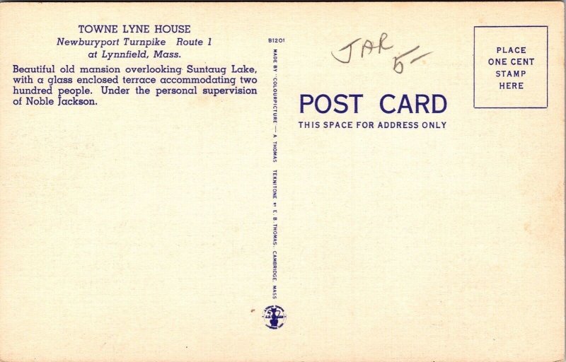 Towne Lyne House Lynnfield Massachusetts MA Postcard VTG UNP Vintage Unused 