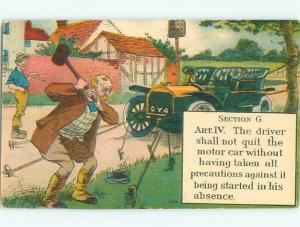 Pre-Linen Comic ANTIQUE CAR TIED DOWN BY ROPES AB9356