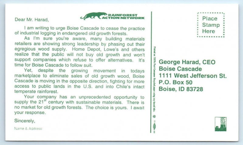 Rainforest Action Network BOISE CASCADE CLEAR CUTTING in IDAHO ~3¾x6¼ Postcard