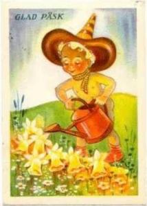 Easter: Child waters flowers, water can, 20-40s