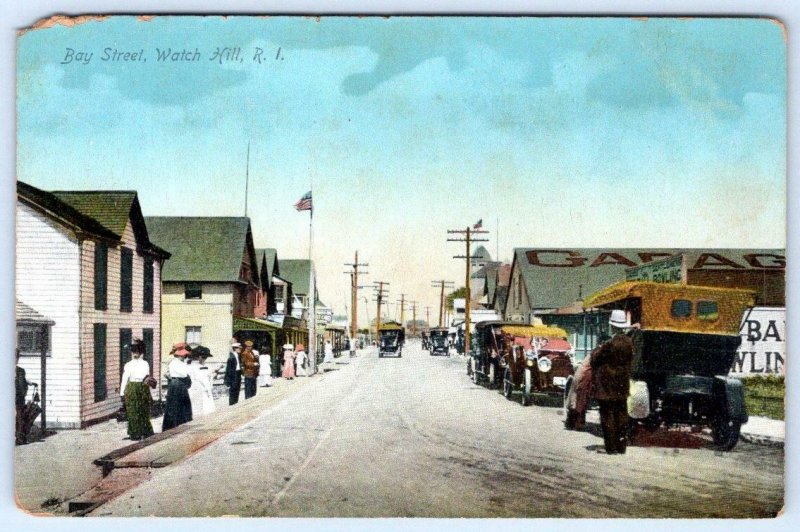 1920's ERA BAY STREET*WATCH HILL RHODE ISLAND*RI*DIRT ROAD*OLD CARS*POSTCARD