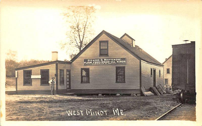 West Minot ME Stearns & Whittenmore Feed & Grain Train Railroad RPPC Postcard