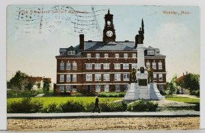 Webster Mass High School and Soldiers Monument c1909 Postcard M14