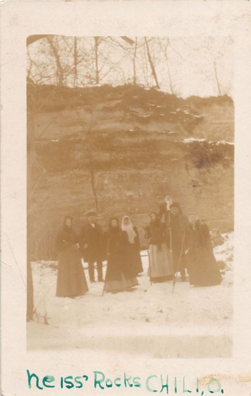 J30/ Chili Ohio RPPC Postcard c1910 Neiss Rocks Cliff Geology Hikers  24