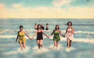 Vintage Postcard Pretty Girls Beach Bathing Swimming Big Waves Asheville Pub.