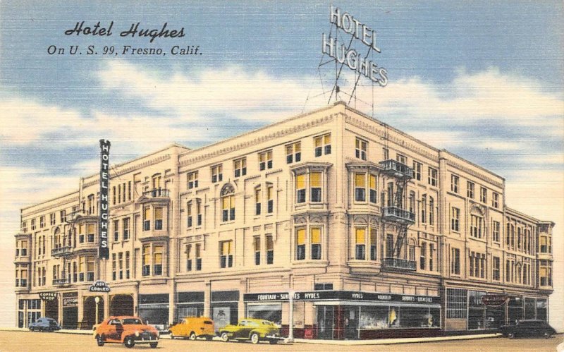 HOTEL HUGHES Highway 99 Fresno, California ca 1940s Vintage Linen Postcard