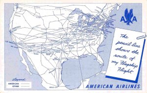 American Airlines Flagship Plane Route Map 1950s postcard