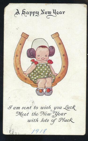 A HAPPY NEW YEAR GOOD LUCK HORSESHOE GIRL JENKS OKLAHOMA NORFOLK POSTCARD