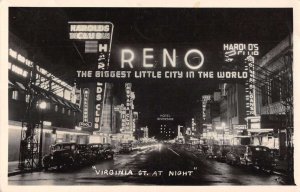 Reno Nevada Virginia Street at Night Real Photo Postcard AA22948