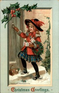 Christmas Young Girl Knocks Present Delivery Embossed BRUNDAGE Vintage Postcard