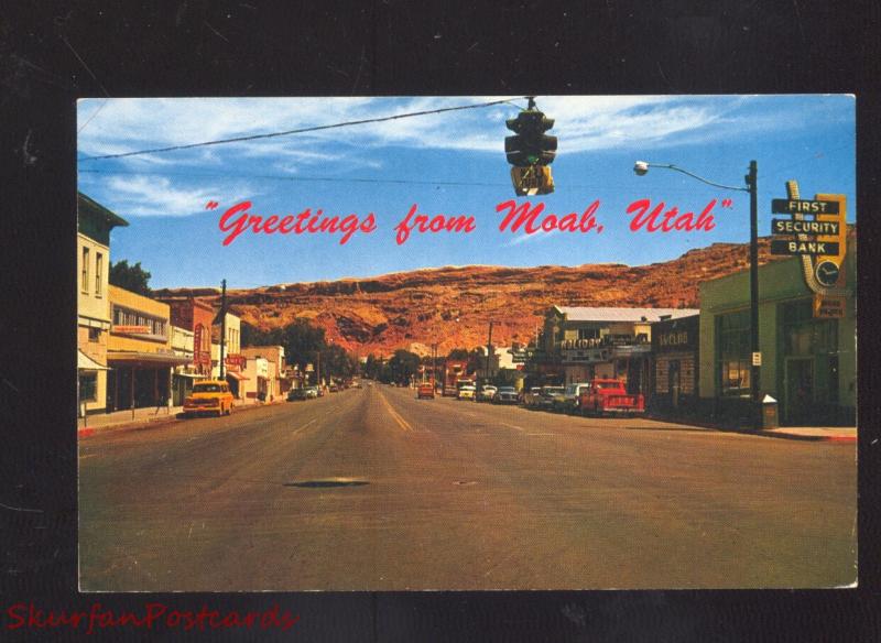 MOAB UTAH DOWNTOWN STREET SCENE 1950's CARS VINTAGE POSTCARD TRUCKS