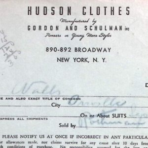 1938 HUDSON CLOTHES GORDON AND SCHULMAN N.Y. UNION MADE BILLHEAD INVOICE Z378