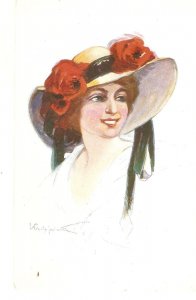 Smiling lady with fantash hat Old vintage French, artist signed postcard