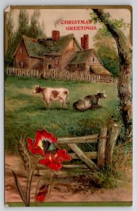 Christmas Greetings Homestead Cow In Field And Red Poppy Flowers Postcard V29