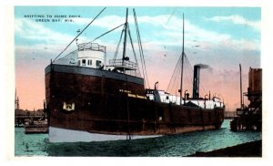 Shifting to Home Dock Green Bay Wisconsin Boat Postcard Posted 1935