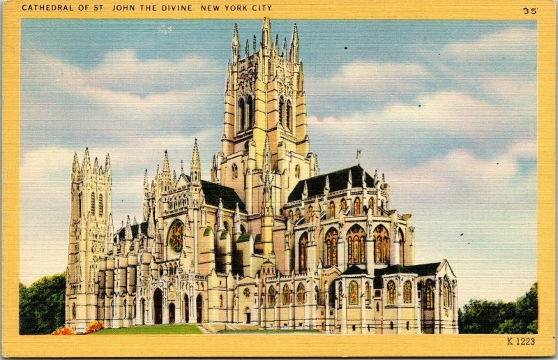 Cathedral St John Divine New York City NYC Vintage Linen Postcard PM WOB Cancel 