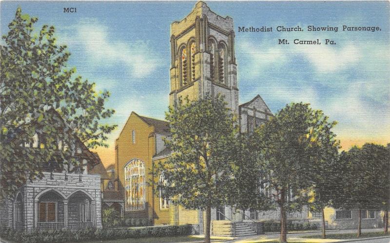 Mt Carmel Pennsylvania~Methodist Church Showing Parsonage~Square Tower~1940s PC