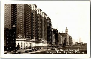 RPPC Stevens Hotel and Michigan Ave Sky Line Chicago IL c1947 Vtg Postcard A71