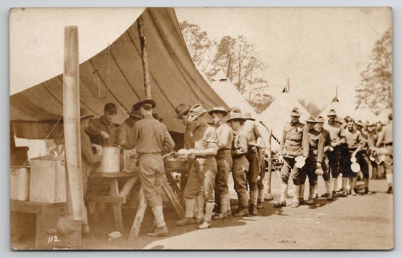 RPPC US Soldiers In Chow Line Mess Tent Real Photo Postcard M26