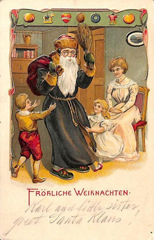 Merry Christmas Blue Robed Santa Claus Mom & Children Postcard