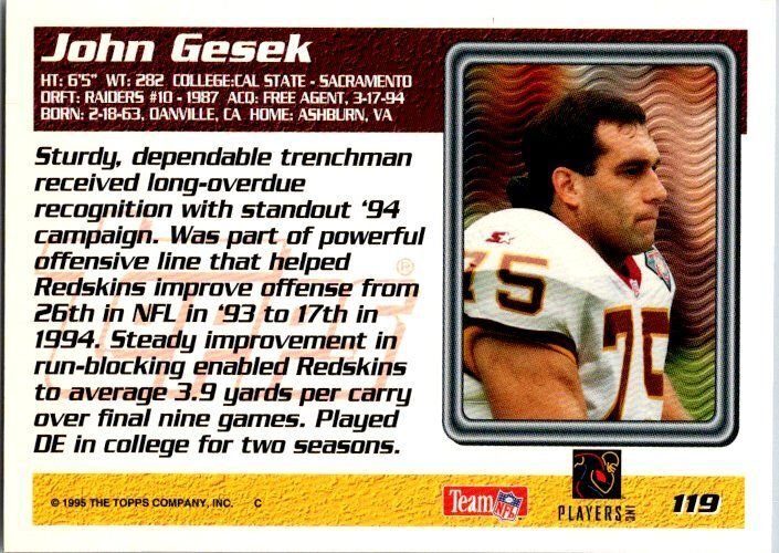 1995 Fleer Football Card John Gesek Washington Redskins sk21438