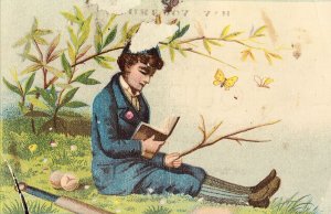 Victorian Trade Card - Celebrated Table Syrup Queen Boy Reading a Book Cricket