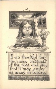 Thanksgiving Little Girl Prayer Blessing Turkey Dinner c1910 Vintage Postcard