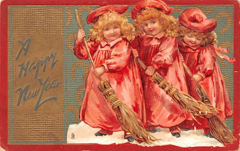 A Happy New Year Children Sweeping Snow 1908 