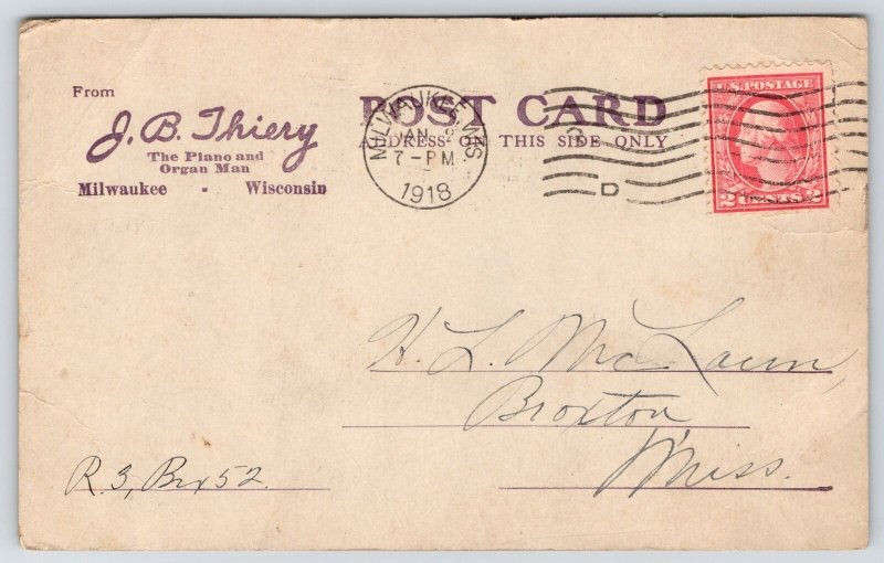 Milwaukee Wisconsin~JB Thiery Piano & Organ Man~1918 Postal Receipt~Postcard 