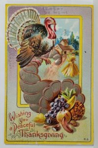 Thanksgiving Wishes Turkey Cornucopia Embossed 1910 Cleveland OH Postcard T10