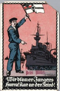 German Navy WWI Postcard c.1910s German Naval Officer w/ Flag