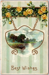 1912 Best Wishes Greetings Boating Landscape Yellow Flowers Posted Postcard