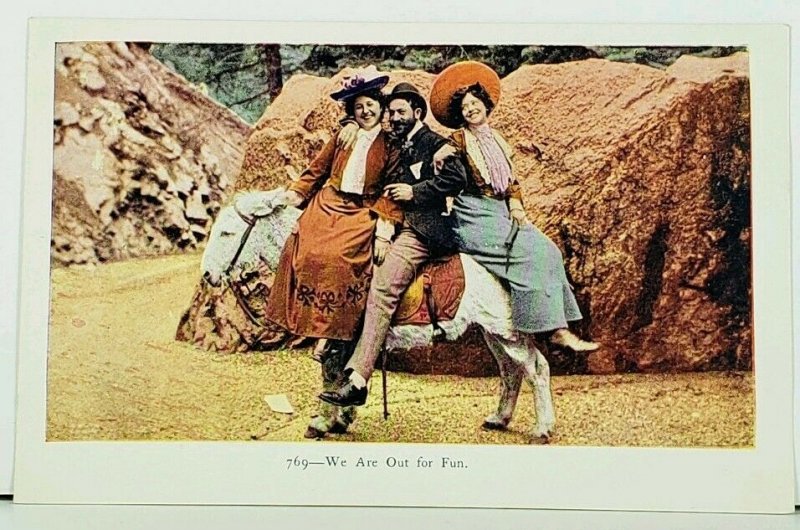 We Are Out For Fun, Two Women One Man and A Donkey c1905  Postcard E13