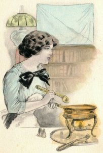 c1910 Woman Cooking Lamp Pink Perfection Handcolored Sidonie Antique Postcard 