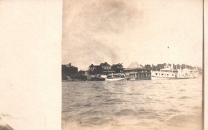 Vintage Postcard Hotel Along Water White Steam Boat Ocean Waves Sightseeing Phot