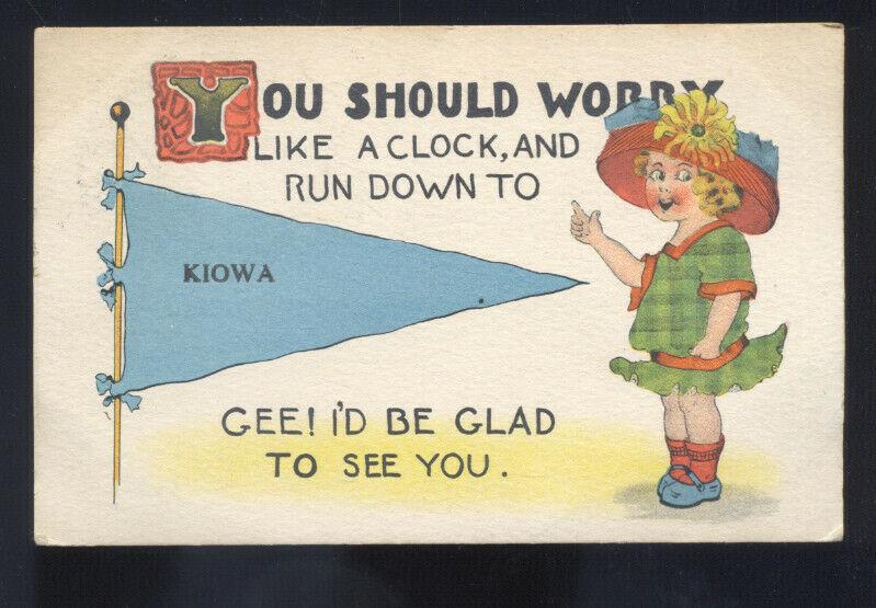 KIOWA IOWA BLUE PENNANT VINTAGE POSTCARD CUTE GIRL MARSHALL MISSOURI 1916