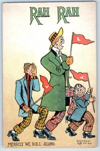 Artist Signed Postcard Comic Humor Rah Rah Men With Flag Merrily We Roll Along