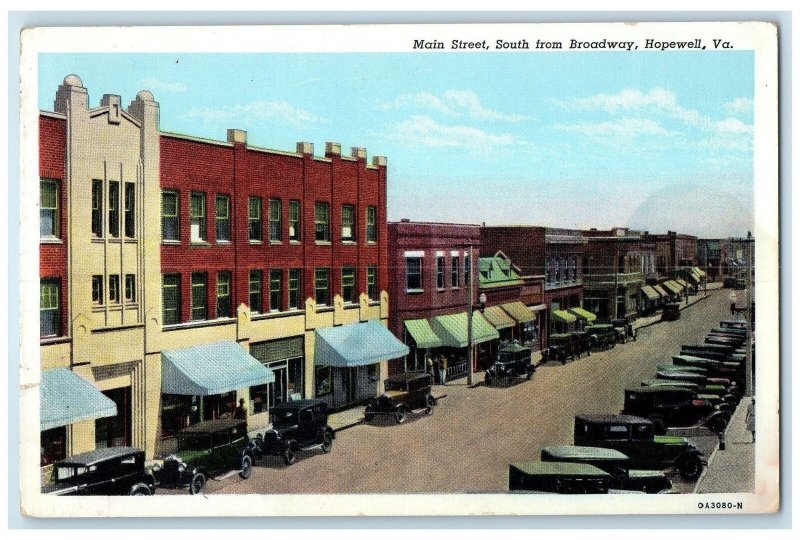 c1920's Main Street South From Broadway Classic Cars Hopewell Virginia Postcard